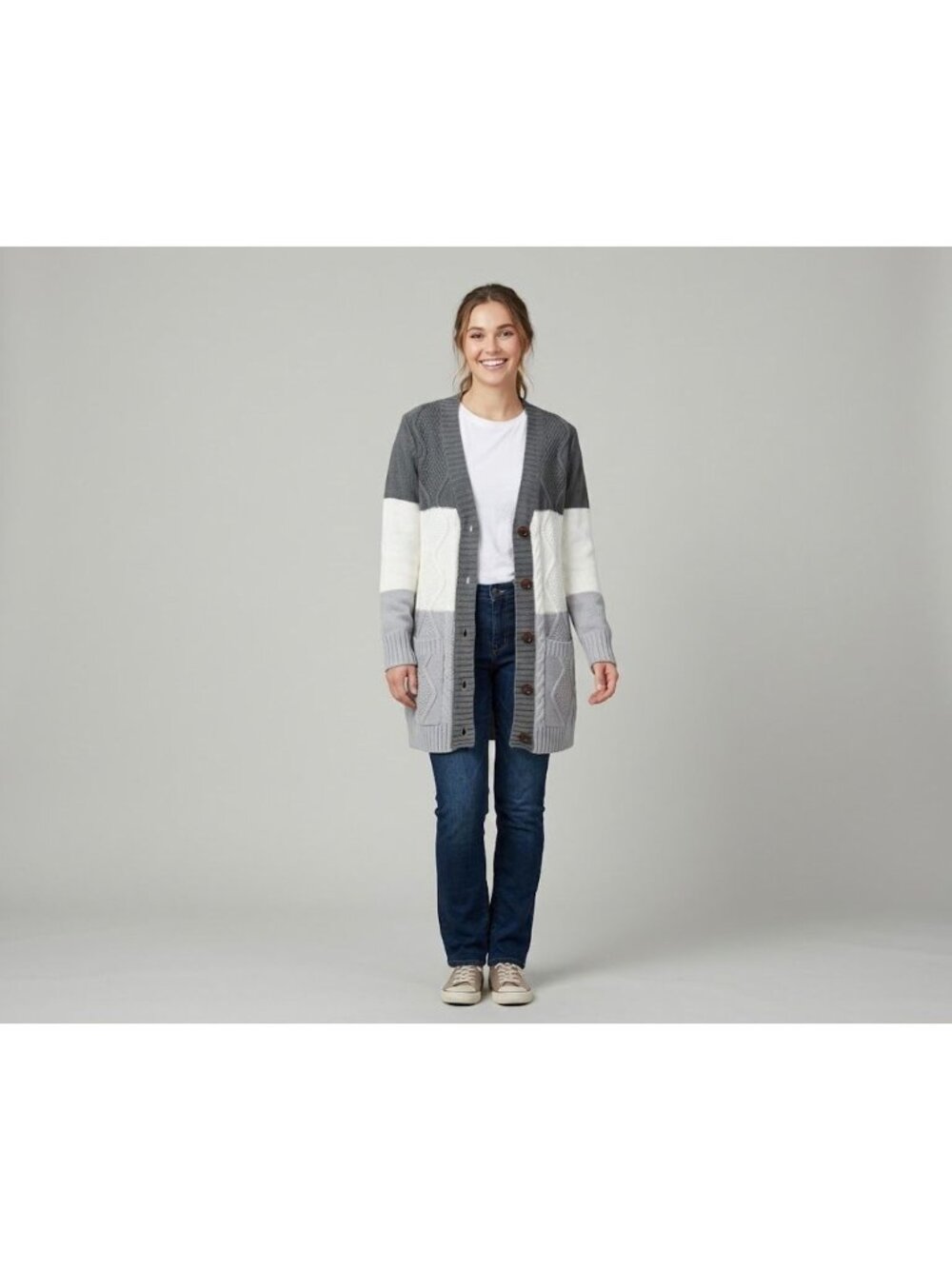 Colorblock Knit Cardigan Sweater With Button Front Pockets Gray/White M